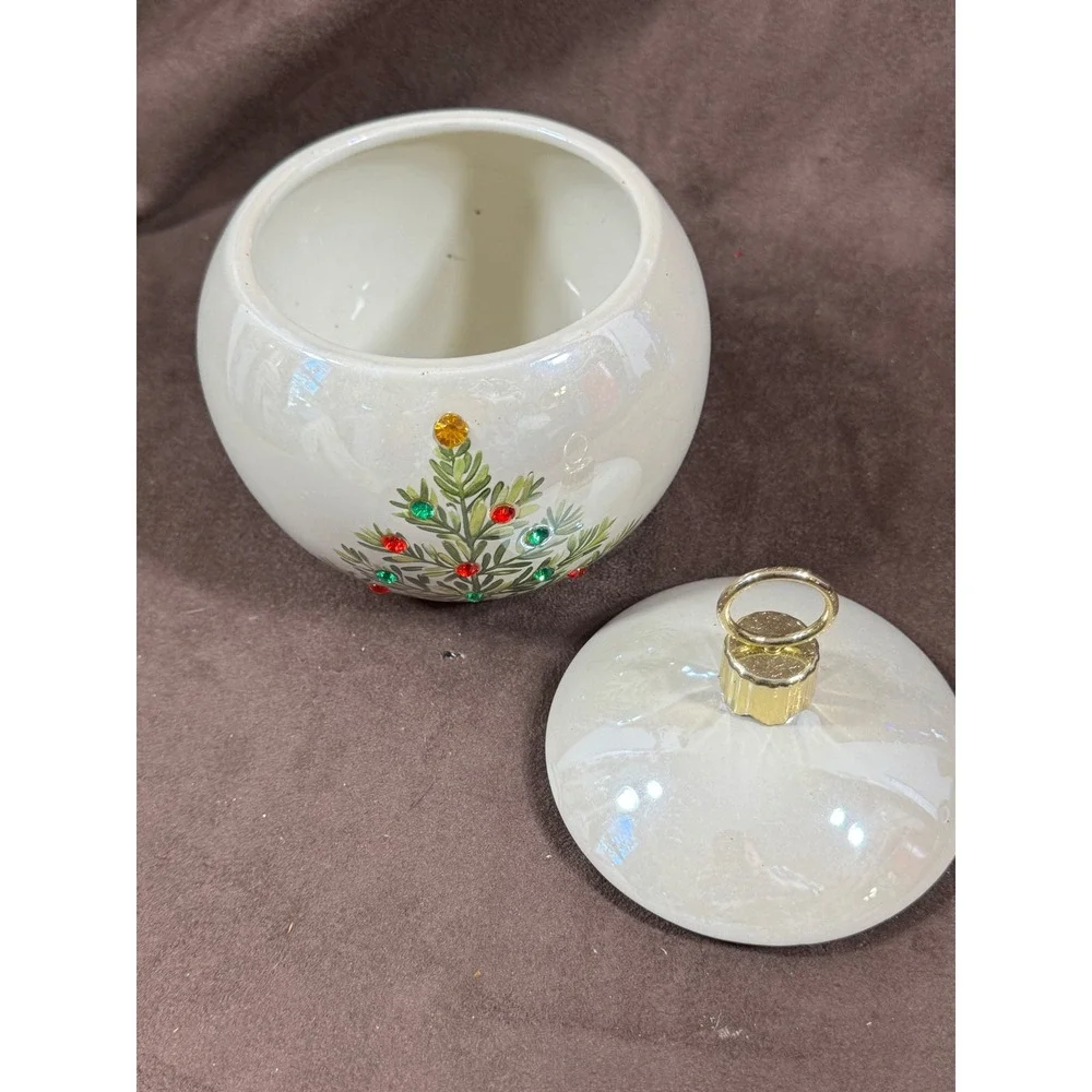 Teleflora Gift Christmas Ornament Ceramic Lidded Jar Rhinestone Tree Cream 6.5